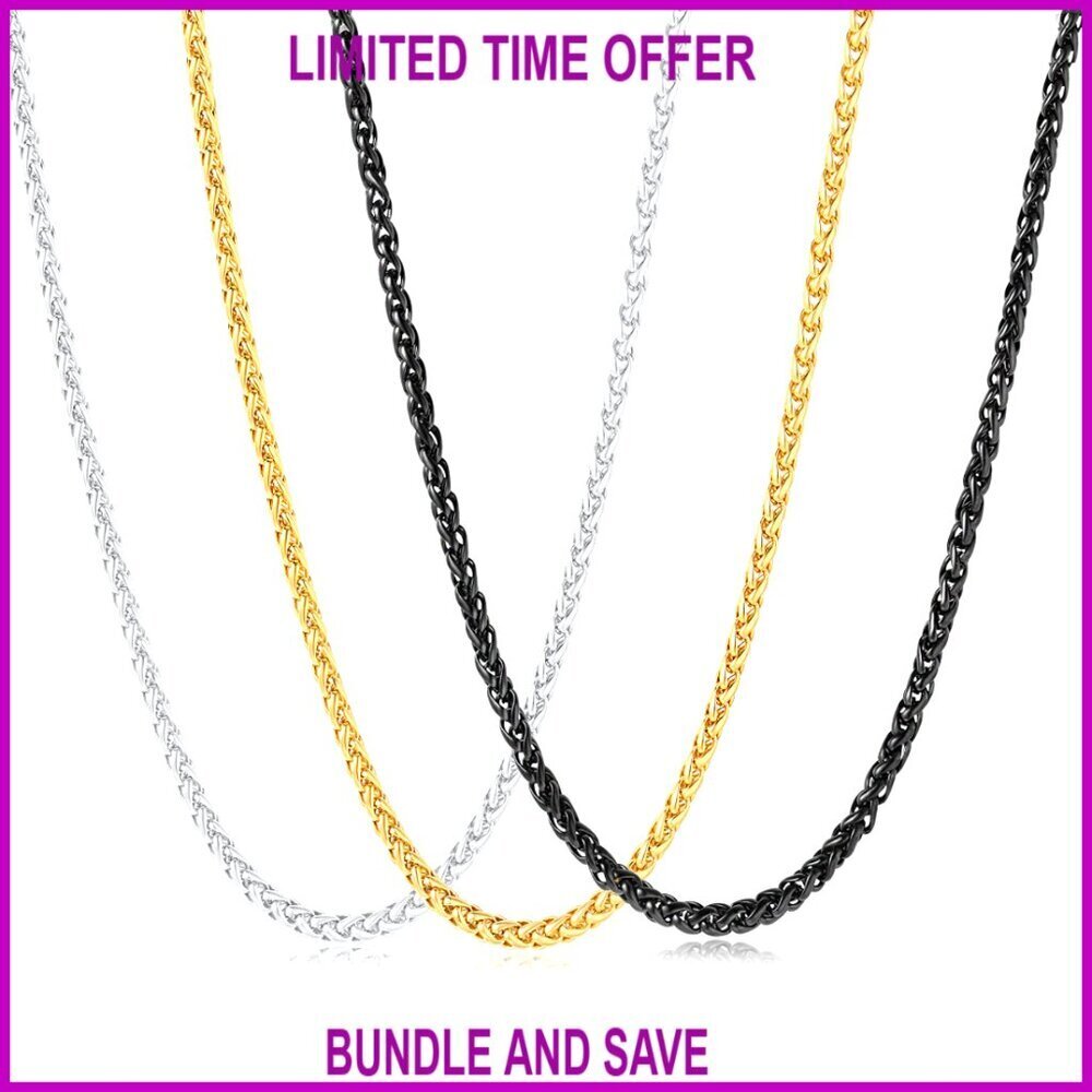 3-Piece Stainless Steel Wheat Chain Necklace Set, 4mm Thick, 16-32 Inches